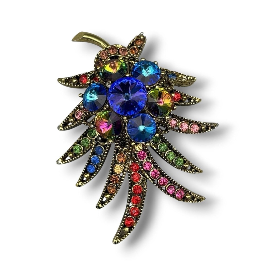 Vintage Weiss Brooch Harlequin Rivoli Unsigned Leaf GORGEOUS RARE